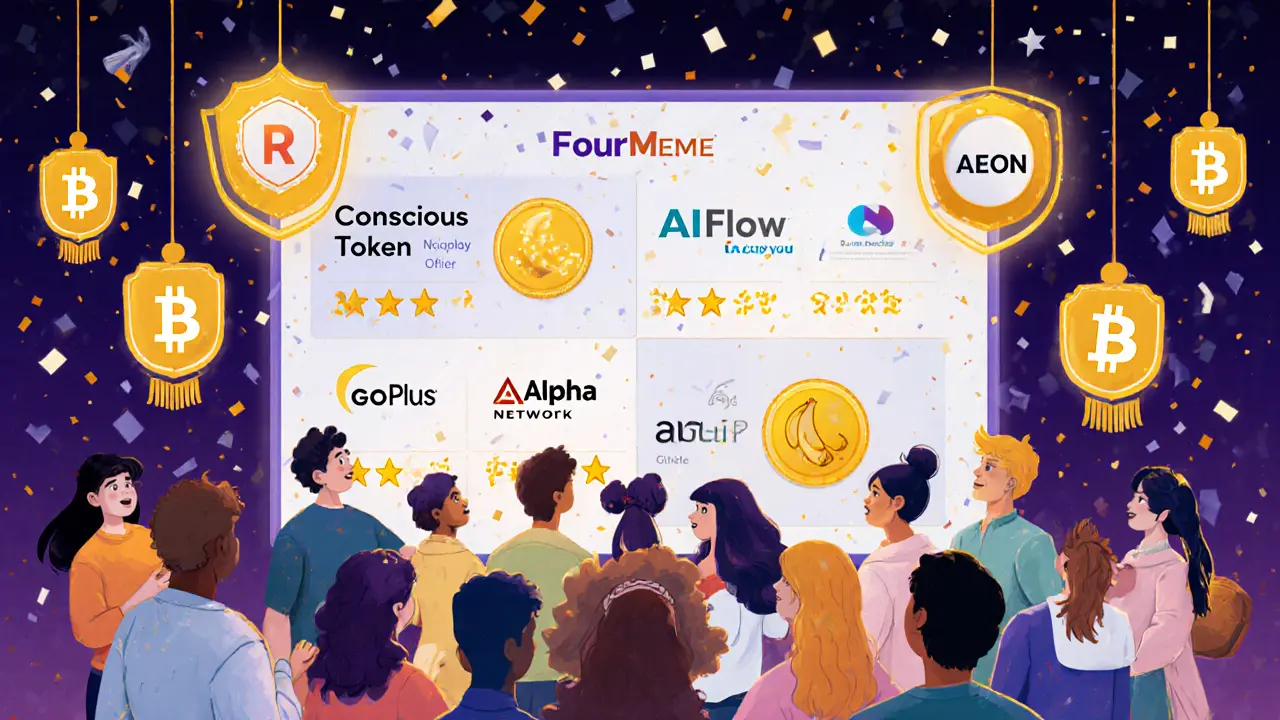 Community di avatar cartoon che celebra token di successo su Four.Meme, con simboli di sicurezza.