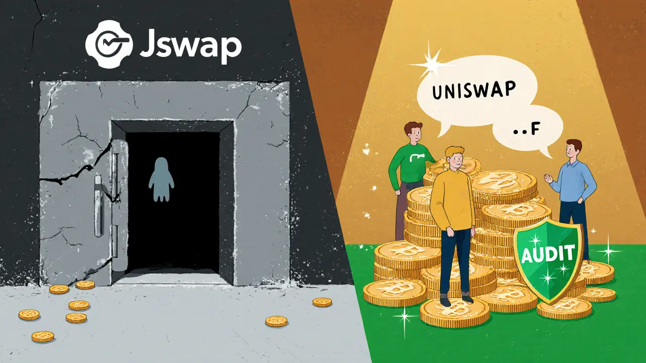 Confronto cartoon: Jswap vuoto vs Uniswap ricco di token e audit.