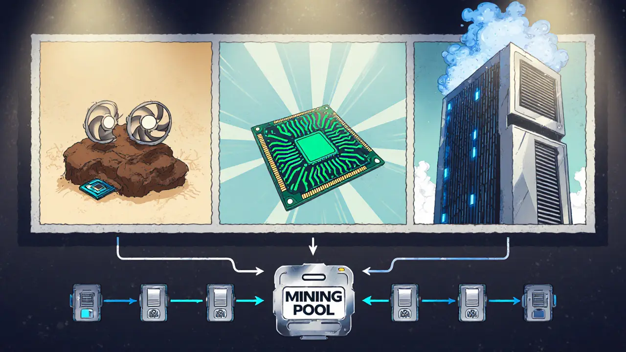 Evoluzione hardware: CPU, GPU e ASIC con diagramma di pool.