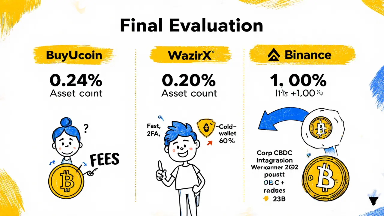 Grafico comparativo cartoon con BuyUcoin, WazirX e Binance, evidenziando commissioni e roadmap futuro.