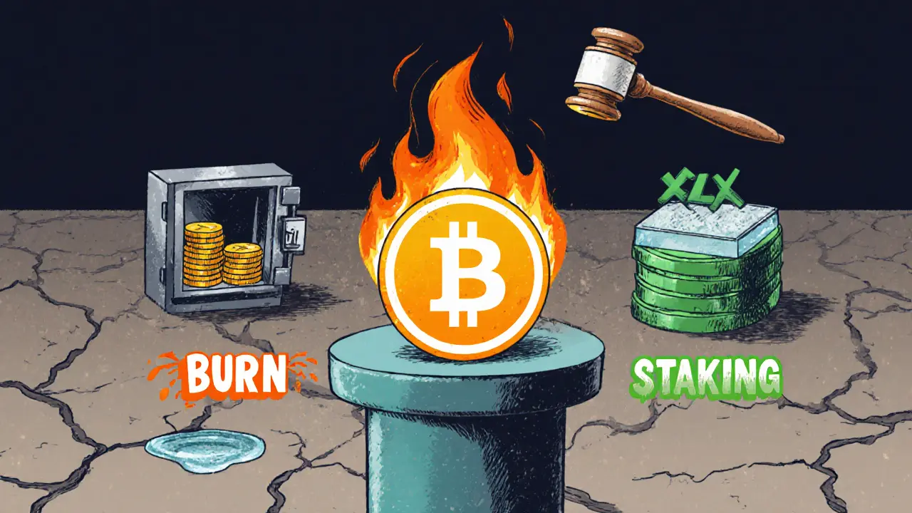 Logo ULX con fiamma di burn, cassaforte di staking e bilancia di governance su pozzo asciutto.