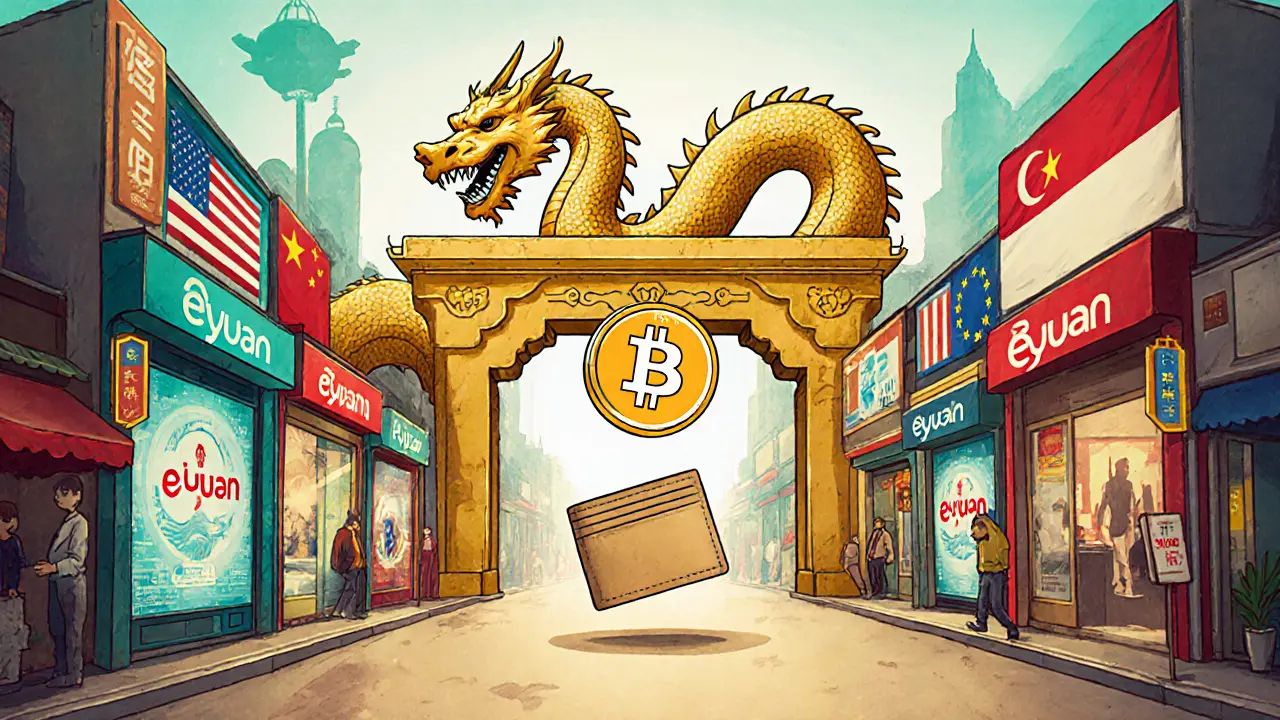 Porta a forma di drago collega Bitcoin al nuovo e‑yuan in una via futuristica.
