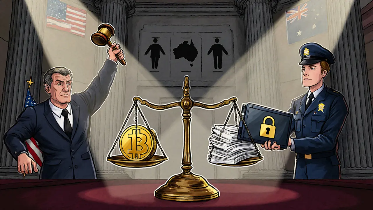 Scena cartoon di tribunale con bilancia della giustizia, gavel e wallet hardware confiscato.
