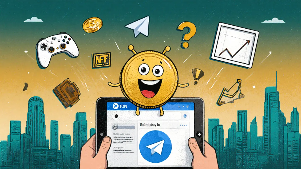 Utente utilizza il bot @wallet su Telegram, con mascotte Toncoin e icone di staking e dApp intorno.