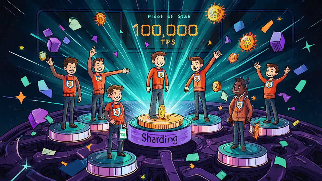 Validatori Toncoin su piattaforme PoS mostrano frammenti di shard che si dividono e si uniscono.