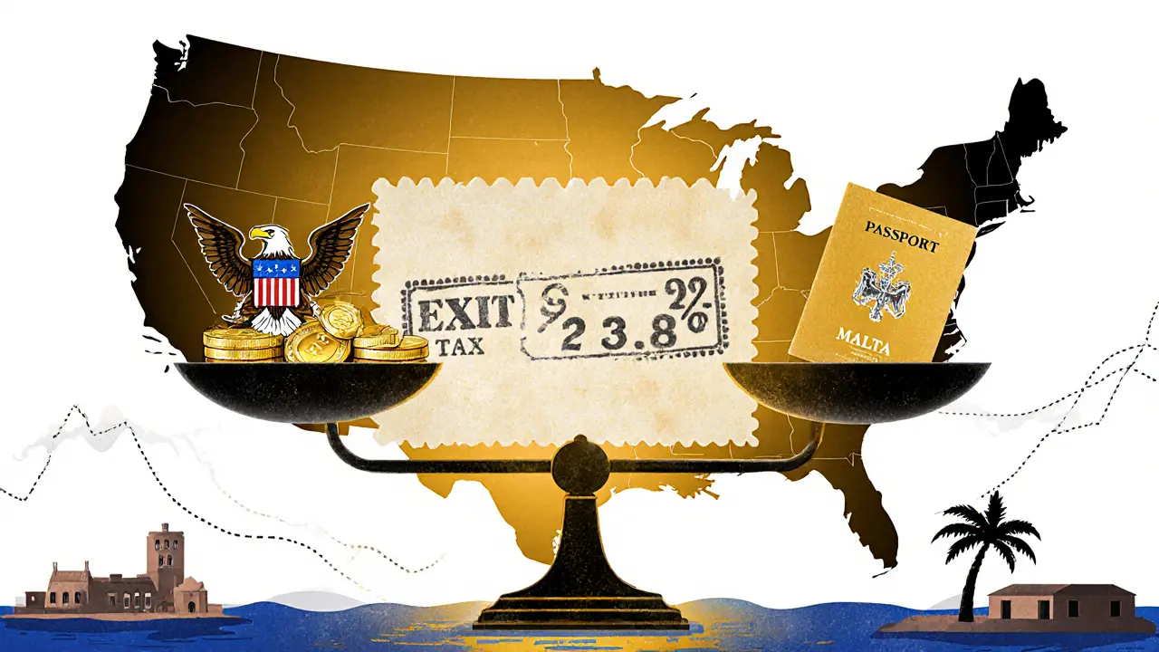 Bilancia mostra tassa di uscita americana su cripto, con passaporto USA lasciato accanto a quello maltese.