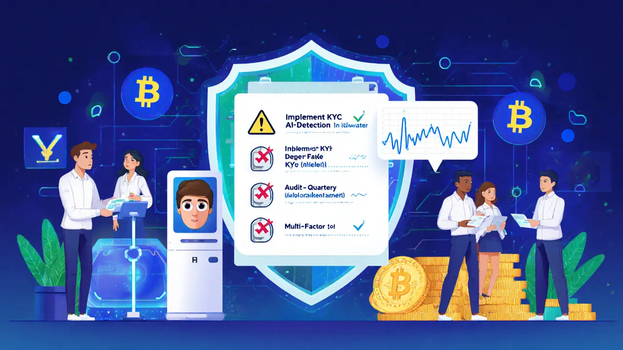 Centro di compliance di un exchange con scanner biometrici, AI anti‑deepfake e lista di controlli.