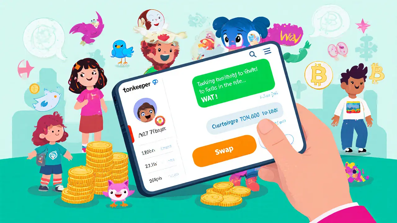 Chat di Telegram animata e wallet Tonkeeper con saldo WAT sullo schermo.