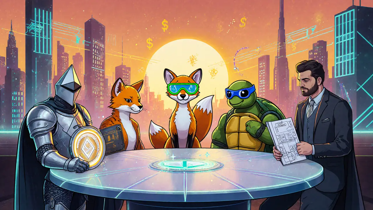 Cinque personaggi cartone rappresentano Ethereum, BSC, Solana, Polygon e Hyperledger con simboli di costo e velocità.