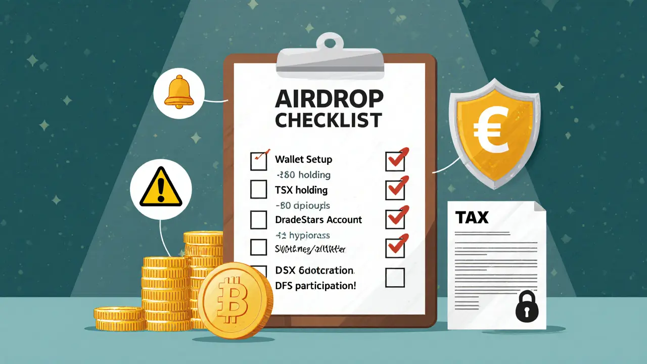 Clipboard con checklist airdrop, avvisi di phishing e simboli fiscali.