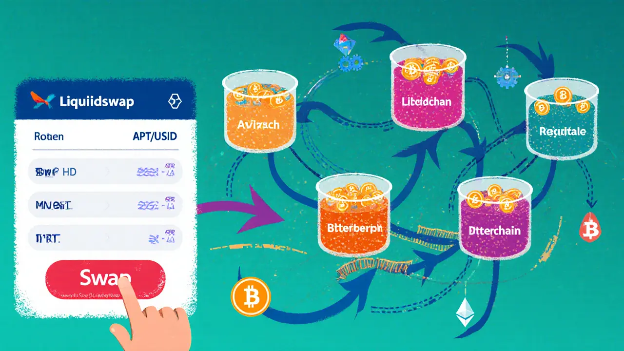 Flusso di swap con frecce smart routing che attraversano pool di liquidità e ponti cross‑chain.