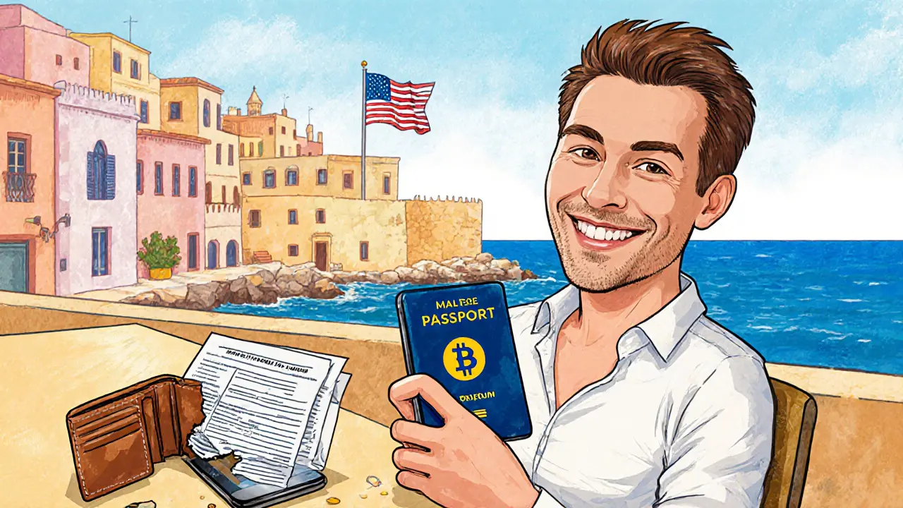 Investitore felice in Malta con nuovo passaporto, cripto fluttuanti, documento 8854 strappato.