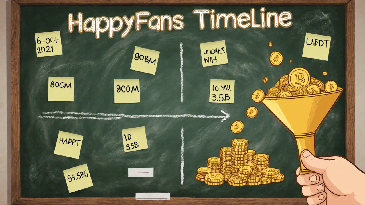 Lavagna cartoon con date IDO e pile di token HAPPY.