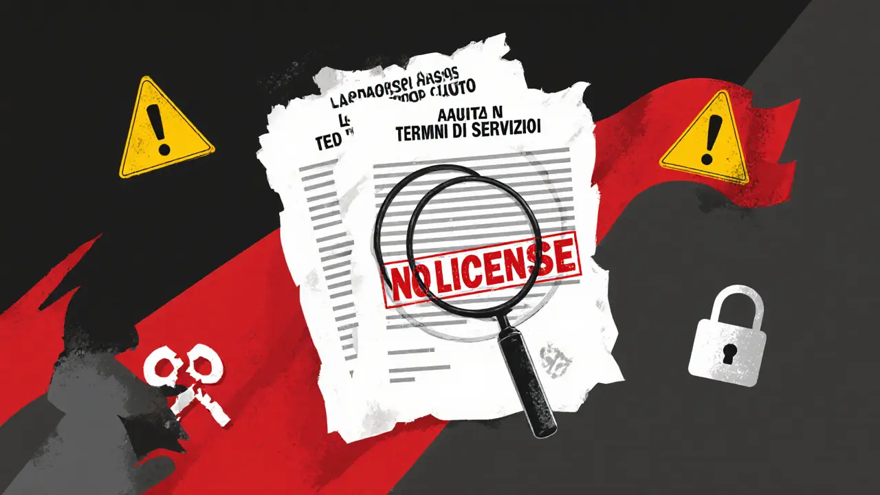 Lente di ingrandimento su documenti vuoti con timbro rosso "NO LICENSE".