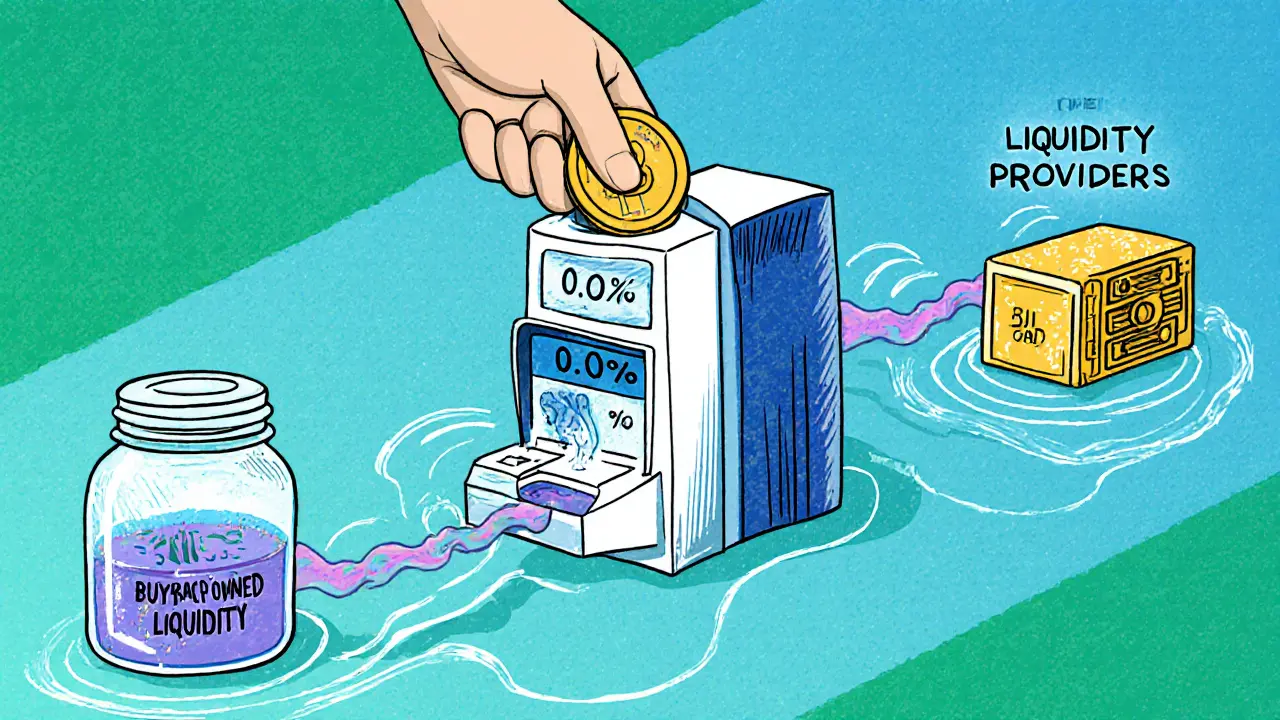 Macchina di swap che divide la commissione: 0,10% per liquidità, 0,05% per buyback.