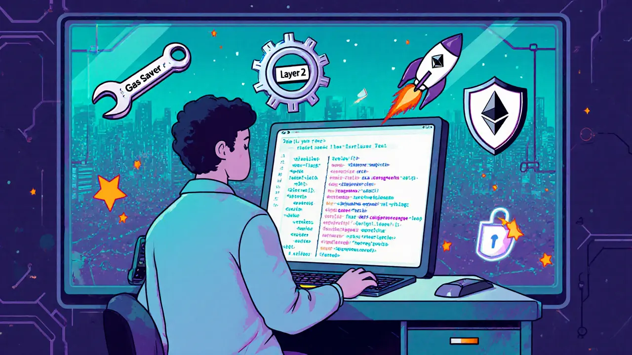Programmatore in laboratorio futuristico con strumenti cartoon per ottimizzare le fee dei contratti.