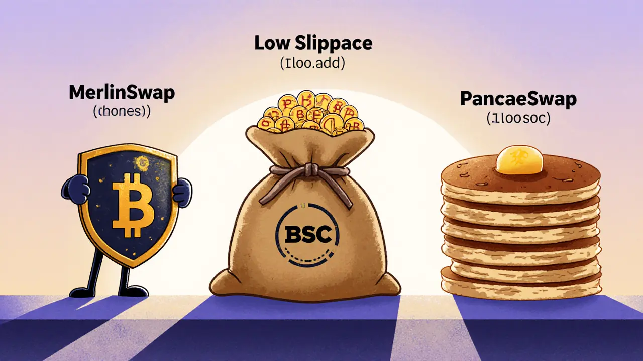 Rappresentazione dei tre DEX con mascotte che mostrano slippage, commissioni e varietà di token.