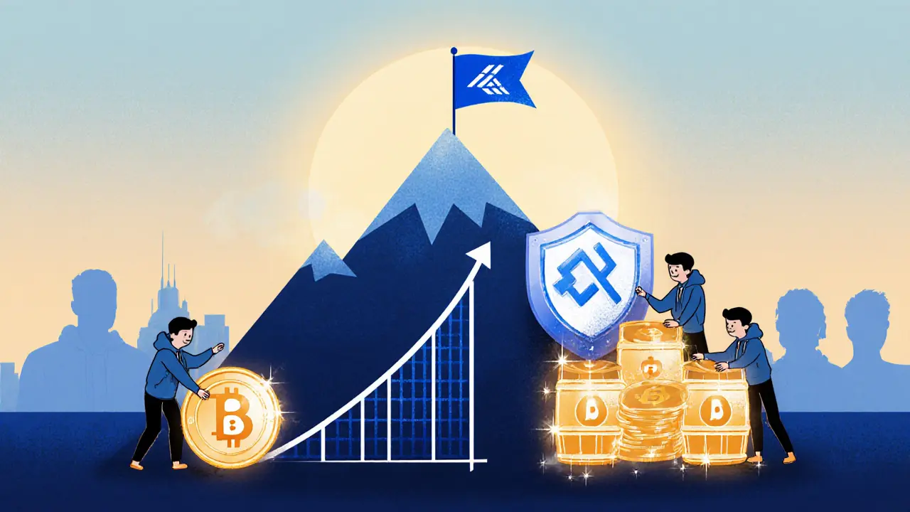 Scenario futuristico con grafico in crescita, fornitori di liquidità e token di governance.