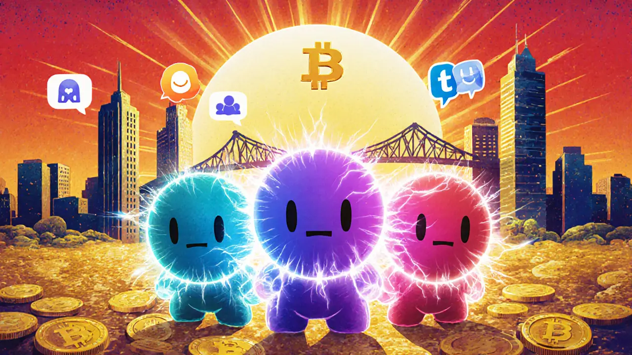 Team di MOMO NFT con auree di hash power, ponte cross‑chain e icone di community.
