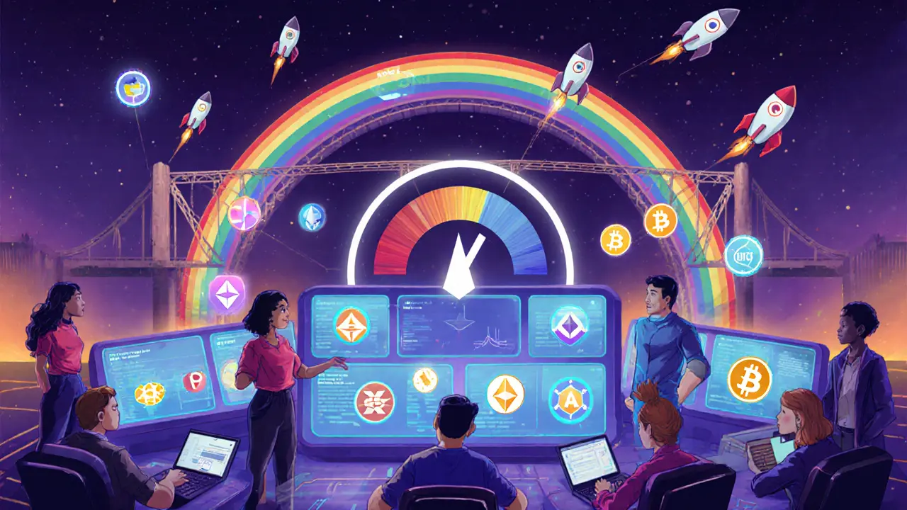 Team di sviluppatori controlla pannelli holografici che spostano le transazioni al blockchain più economico.