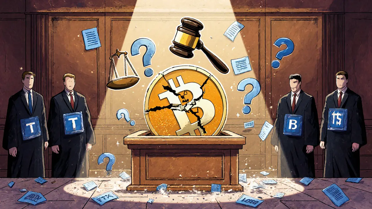 Un tribunale con un token FTT rotto al centro, bilance inclinate verso la perdita e documenti che svaniscono.
