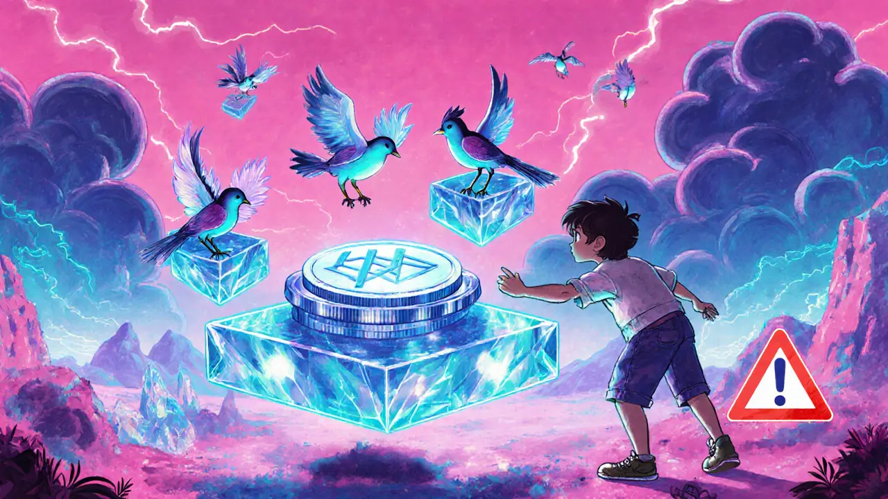 Universo WatBird con uccelli NFT, token luminoso e simboli di rischio.