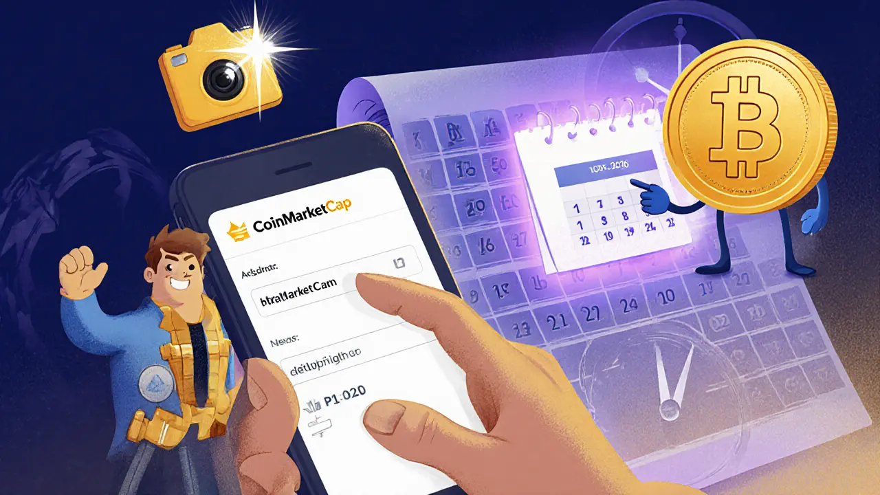 Utente con wallet, icona di snapshot e mascotte di CoinMarketCap su calendario.