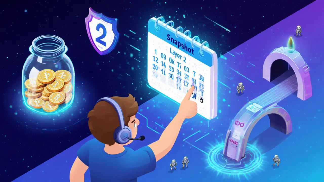 Avatar cartone che osserva calendario snapshot, pool di staking, IDO e scudo anti‑bot.