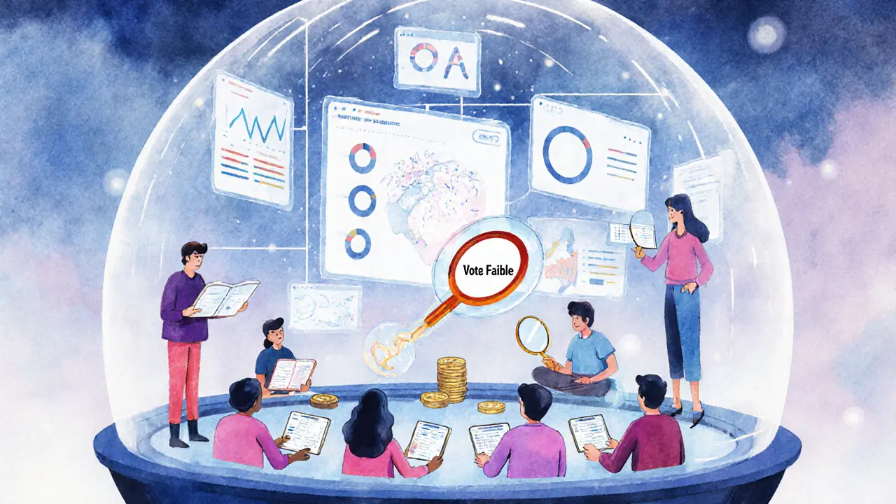 Comunità che partecipa a una riunione DAO con schermi olografici e un dashboard semplice che ricompensa il voto attivo.