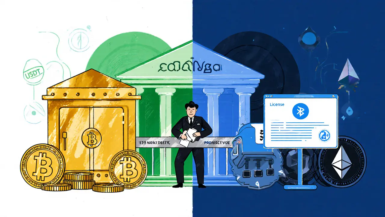 Divisione in due gruppi: stablecoin con riserve fiat e Bitcoin, con collega bancario che integra il portafoglio in Bakong.