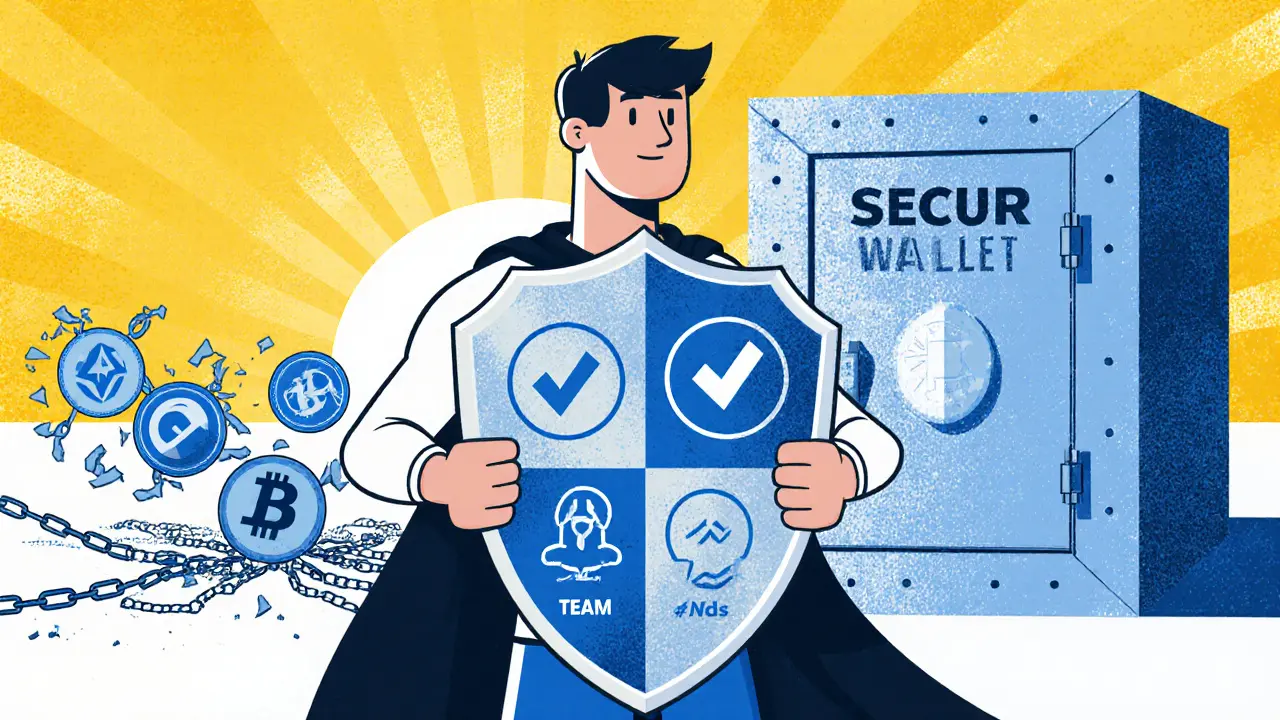 Eroe con scudo di audit difende un portafoglio sicuro da token truffa.