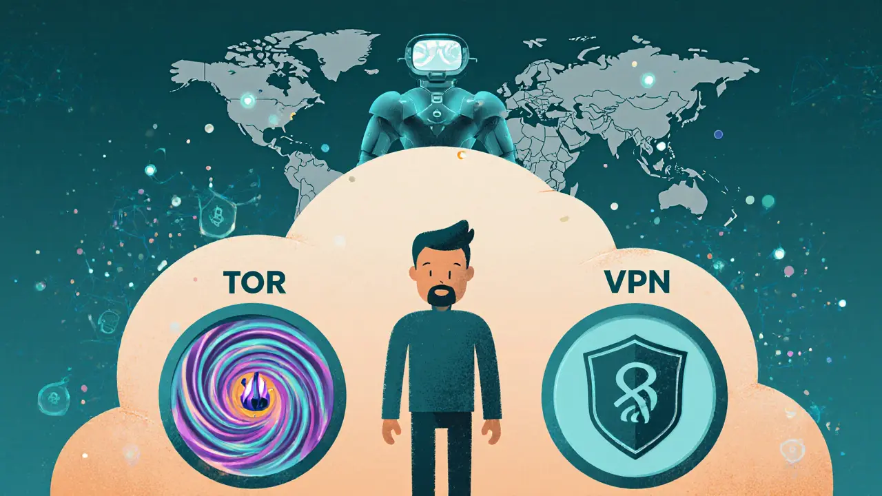 Figura usa Tor, VPN e mixnet mentre un'IA analizza dati geolocalizzati.