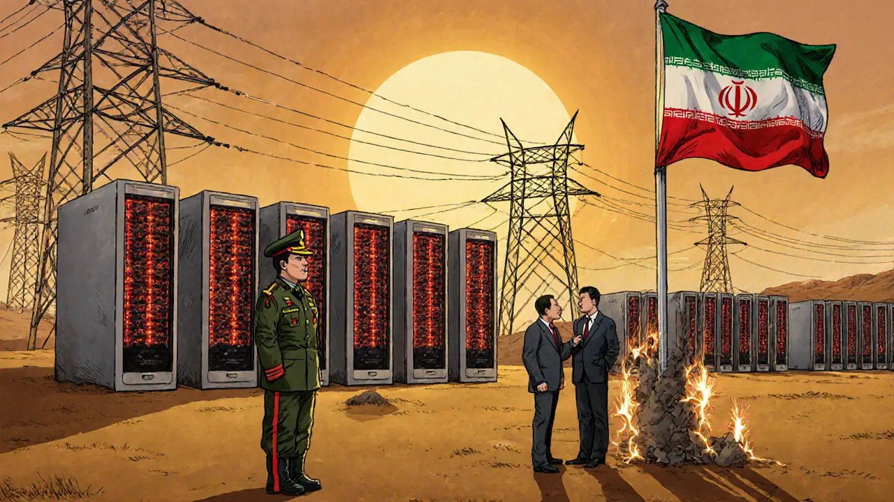 Grande fattoria di mining a Rafsanjan con ASIC, ufficiale IRGC, investitori cinesi e bandiera iraniana.