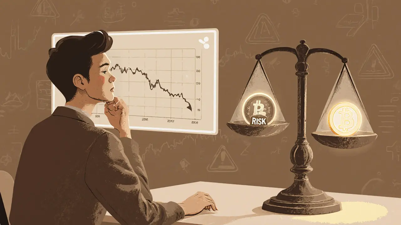 Investitore pensieroso osserva grafico in calo e bilancia del rischio con token Bamboo.