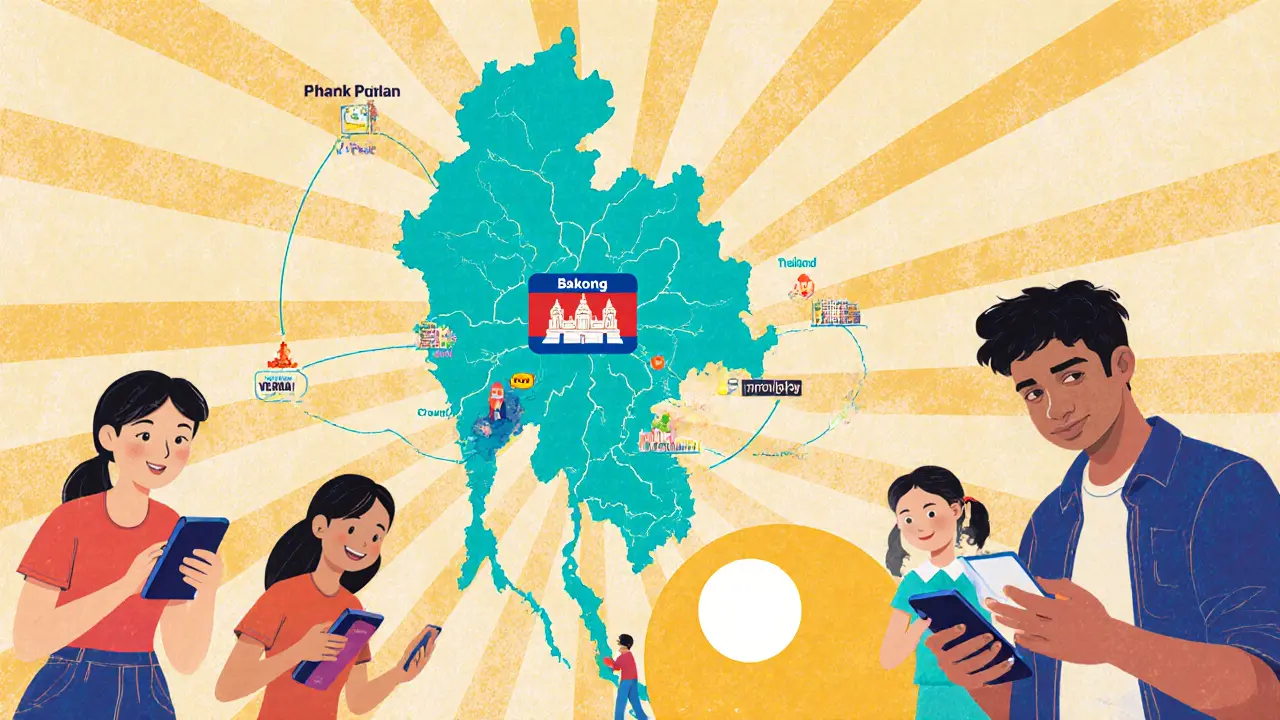 Mappa della Cambogia con connessioni Bakong verso Thailandia e Vietnam, utenti felici che usano pagamenti digitali.