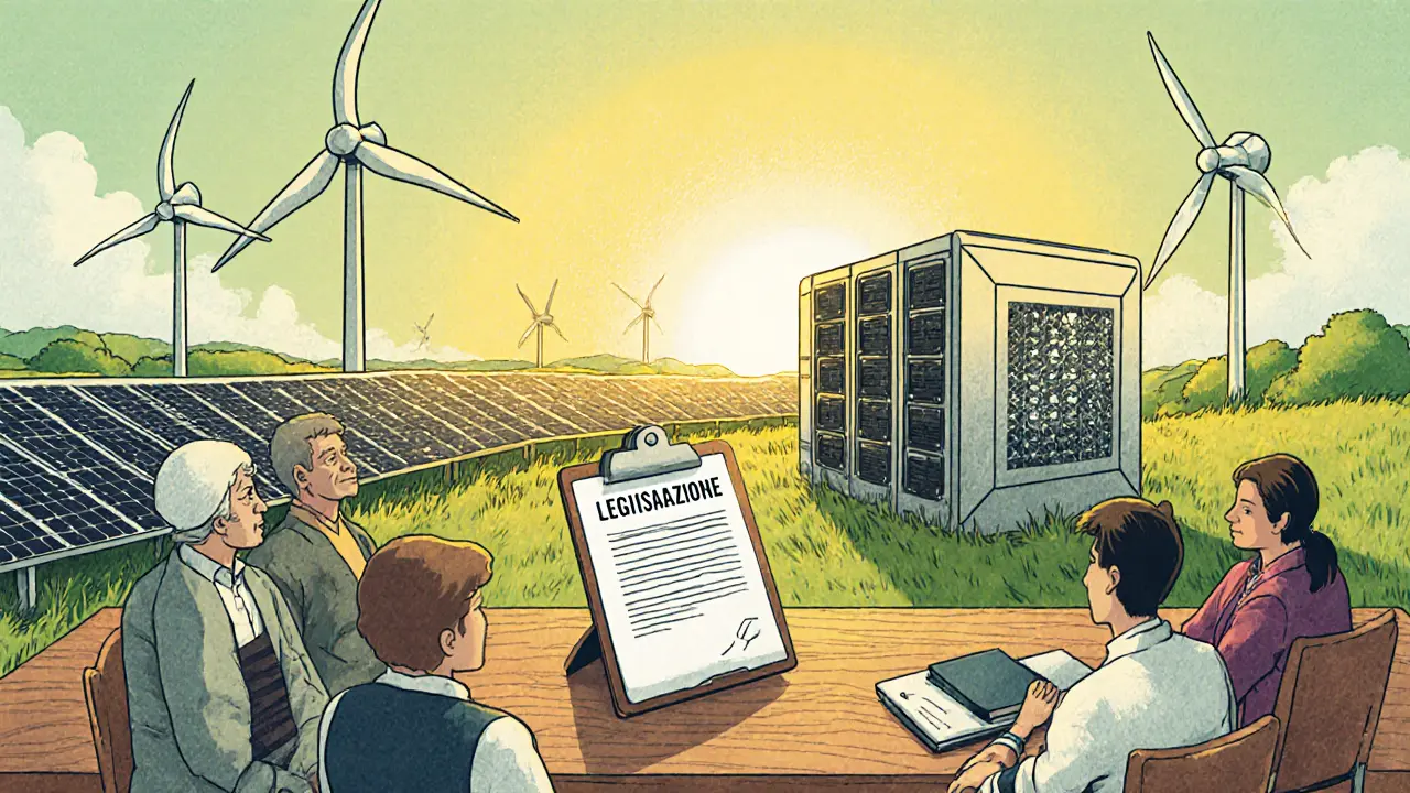 Minatori alimentati da energia solare e eolica nel 2025, con documento di legislazione crypto sullo sfondo.