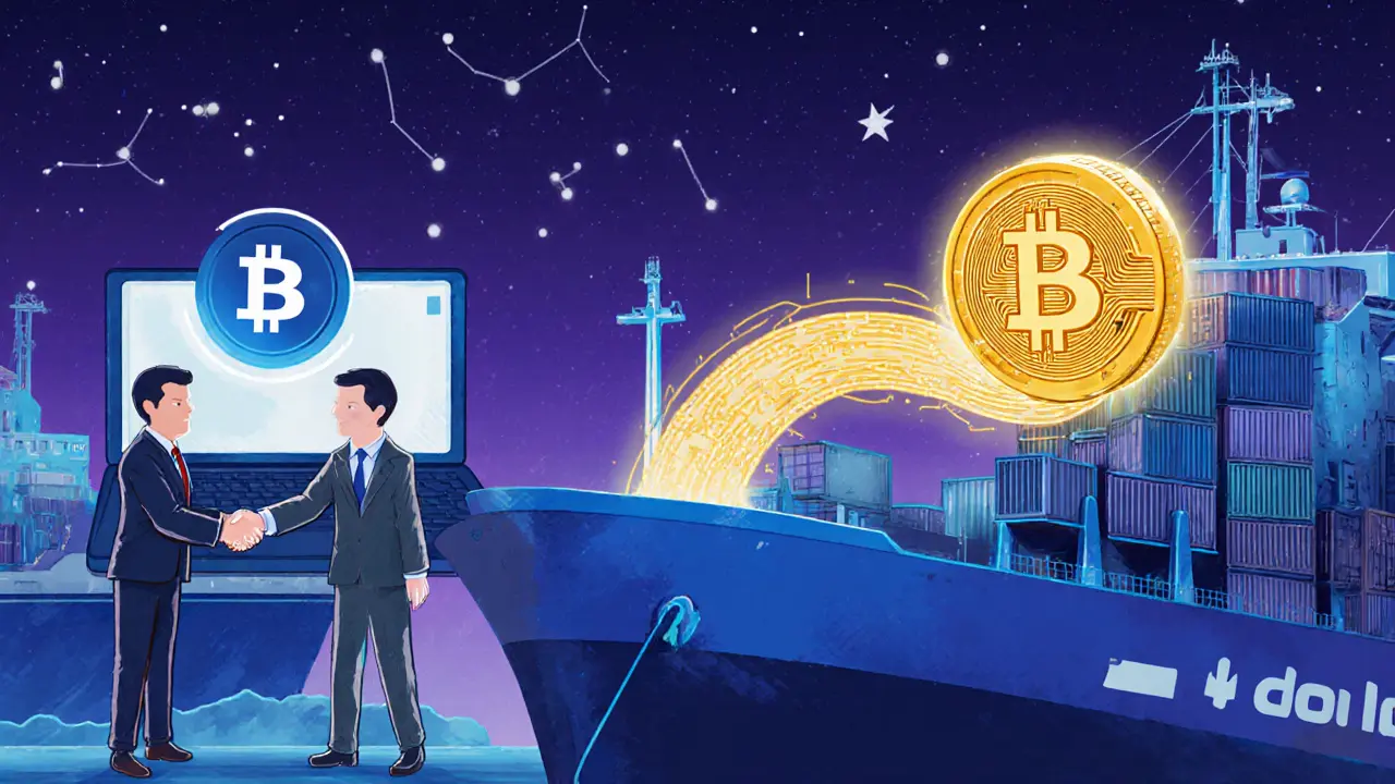 Nave portuale riceve Bitcoin digitale; diplomatici iraniano e russo si stringono la mano.