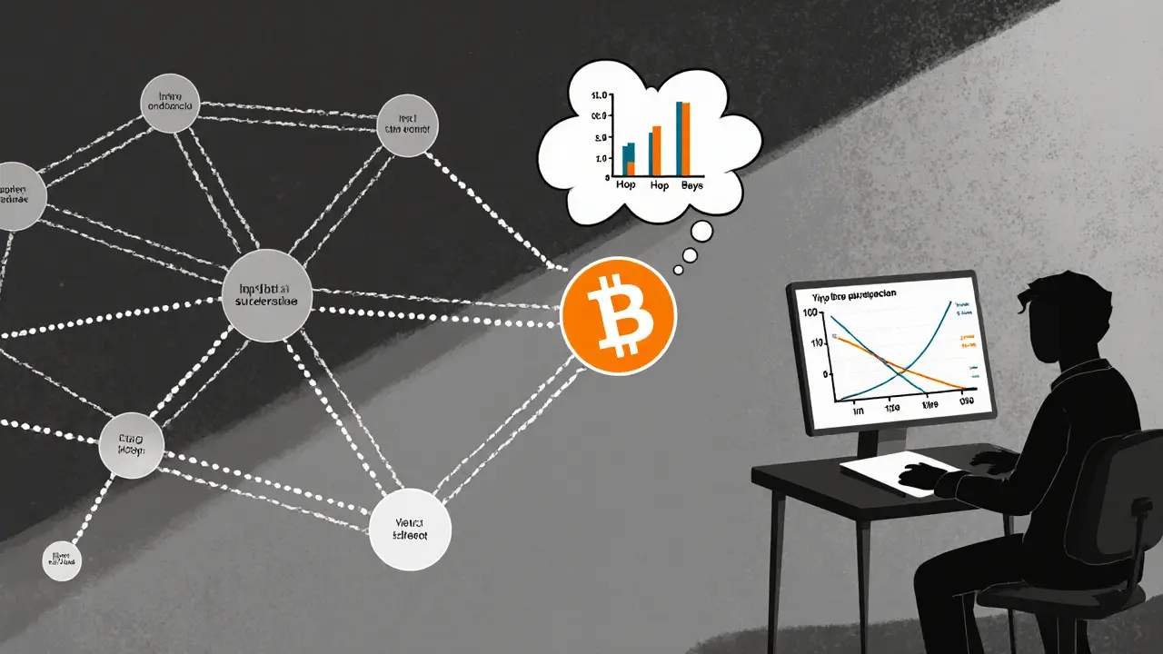 Nodo Bitcoin invia una transazione, le linee mostrano la traccia IP verso un investigatore.