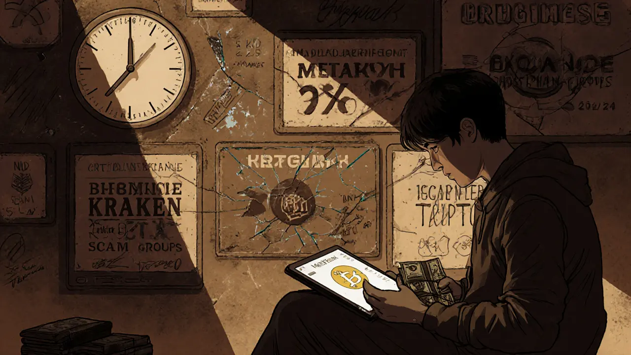 Persona che usa un portafoglio hardware e contanti, mentre schermi di exchange vietati si rompono sullo sfondo.