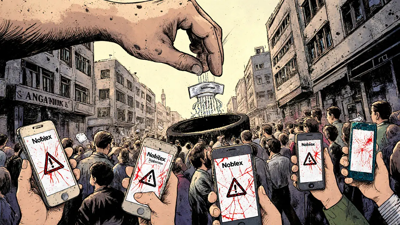 Persone a Tehran con schermi rotti di Nobitex mentre una mano oscura ruba i loro dati.