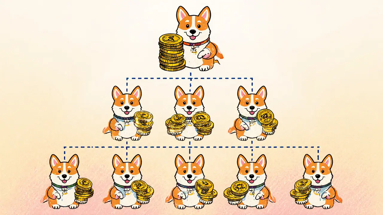 Piramide di corgi che rappresentano i quattro livelli di referral con token.
