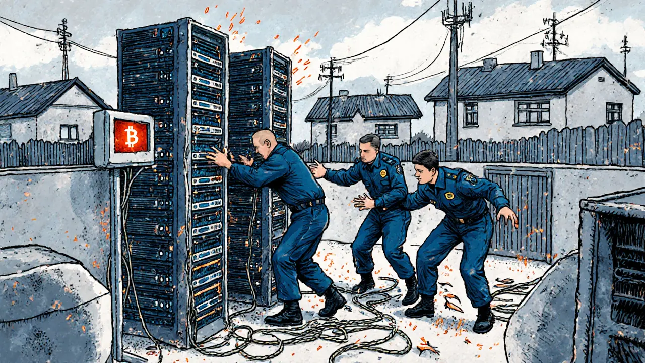 Polizia kosovara sequestra macchine da mining in una zona del nord, mostrando contatori elettrici rossi.