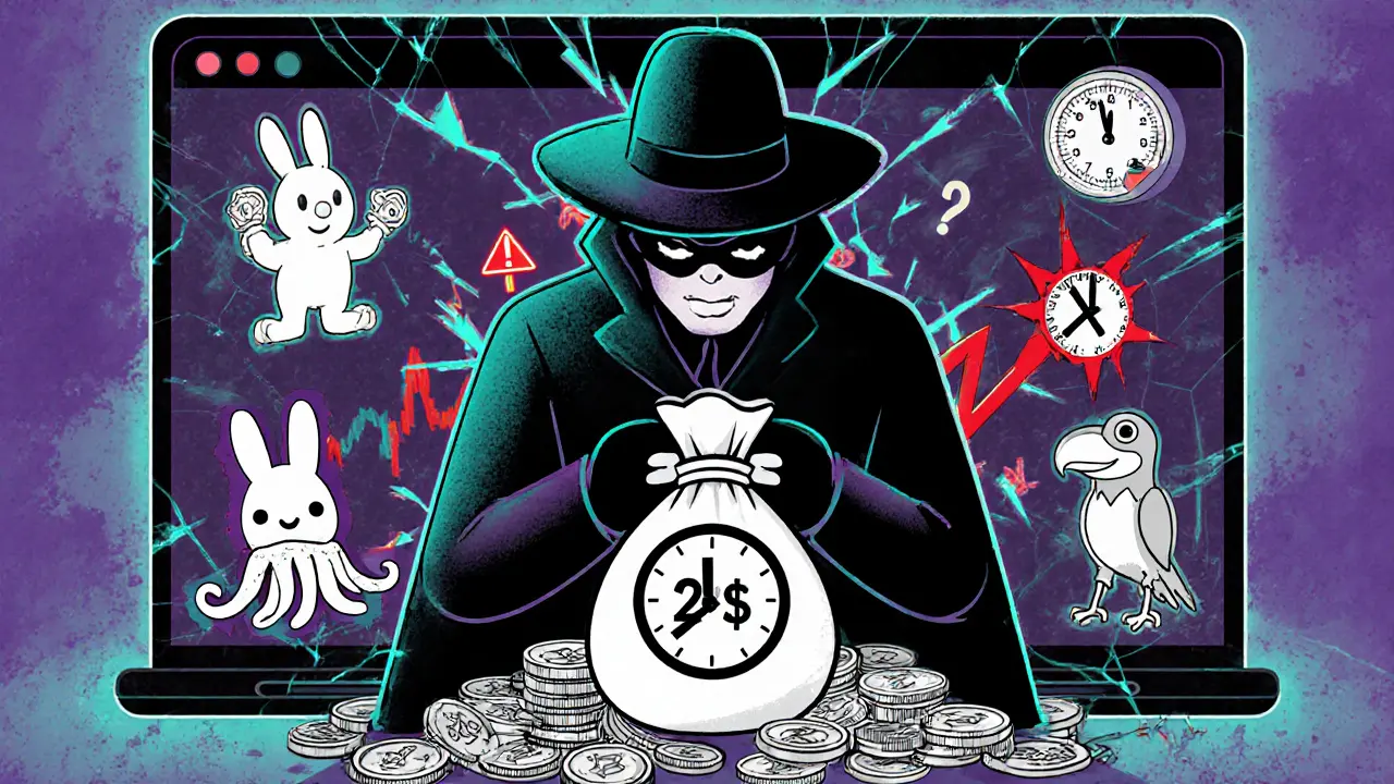 Ritratto cartone di truffe famose: Thodex, BitConnect, AnubisDAO, NFT e meme token.