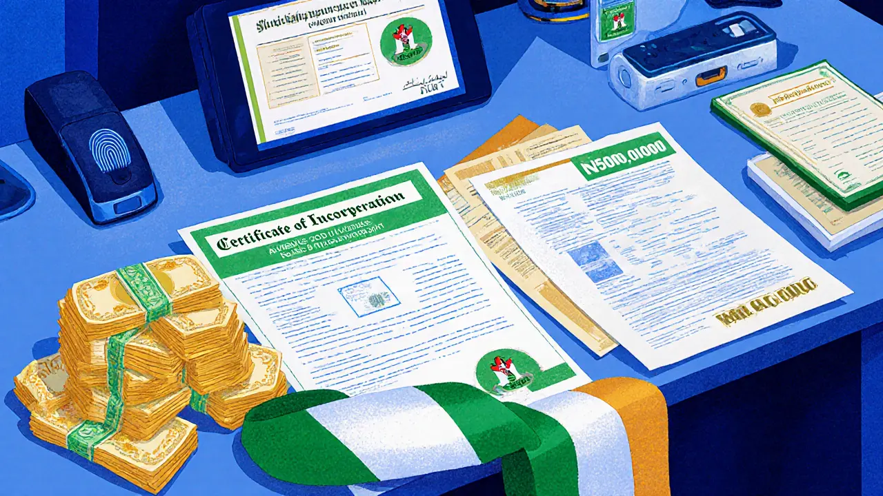 Scrivania con documenti, soldi e scanner biometrici per la licenza VASP.