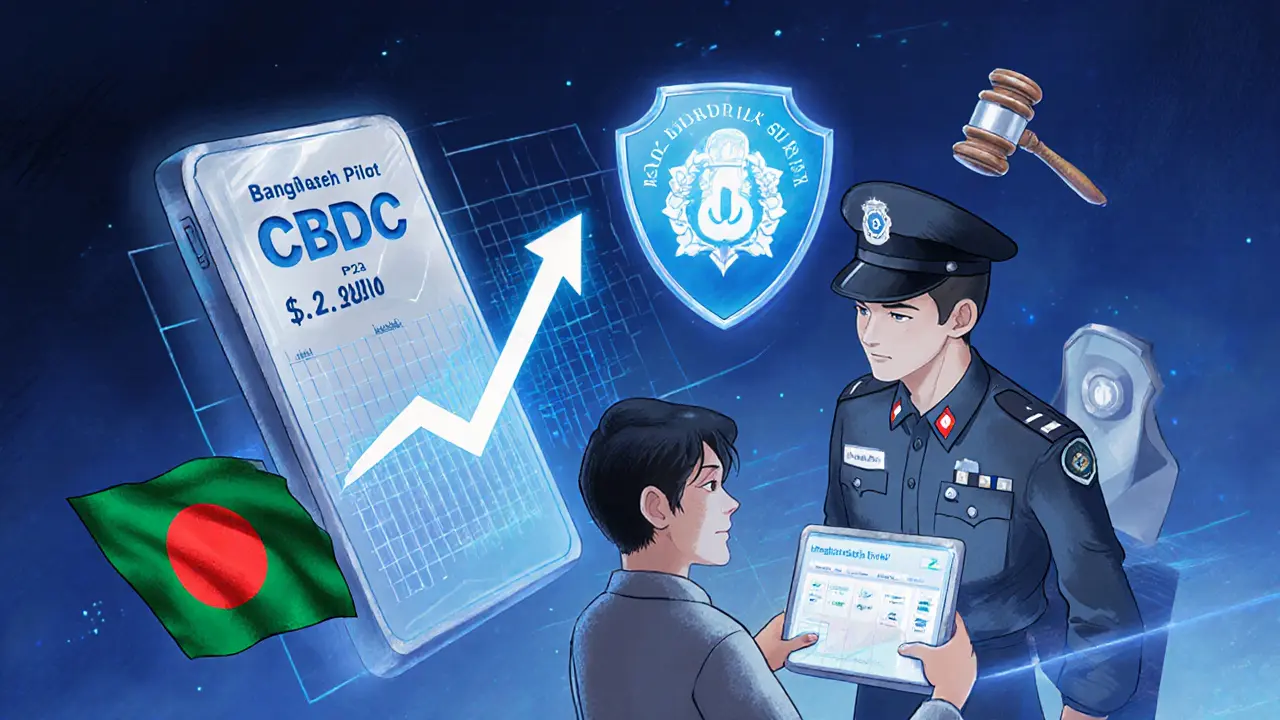 Trader osserva grafico di crescita P2P, CBDC prototipo sullo sfondo, simboli di sicurezza e rischio legale.