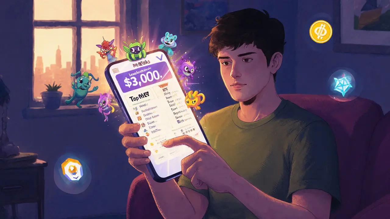 Un giocatore che gioca su smartphone, con una classifica settimanale e premi in $BULL che emergono dallo schermo.