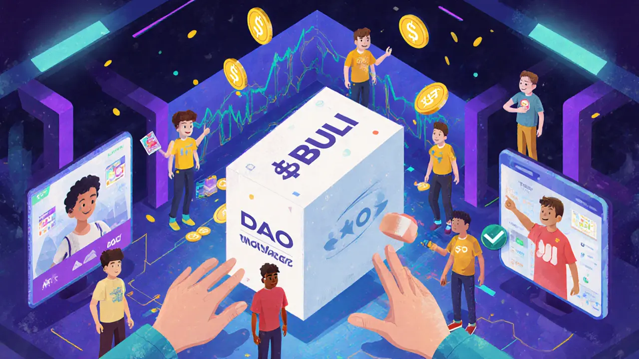 Un metaverso dove avatar NFT creano giochi e votano in un DAO, con token $BULL che cadono come pioggia.