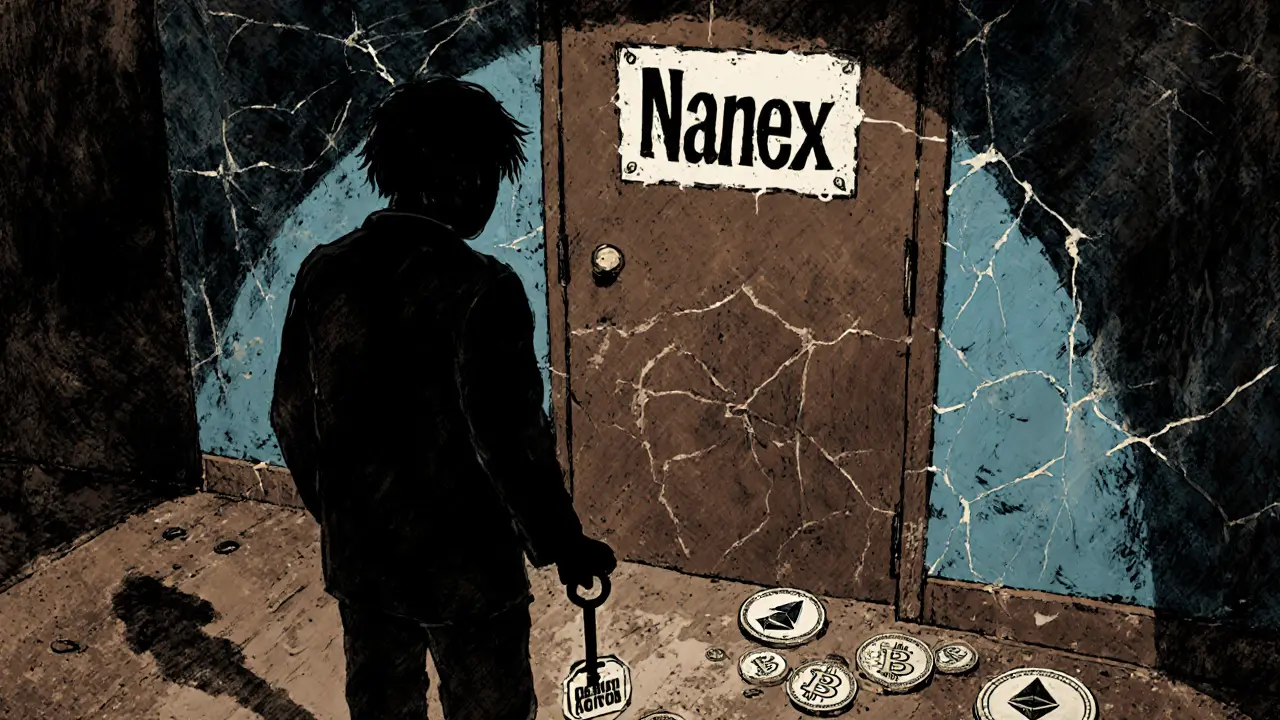 Una figura davanti a una porta chiusa di Nanex, con monete sparse nel pavimento.