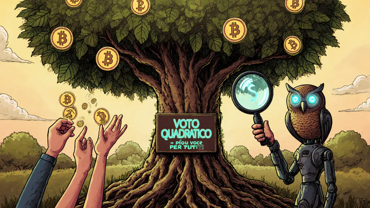 Una macchina da voto a forma di albero con radici blockchain e foglie che diventano monete grazie al voto quadratico.