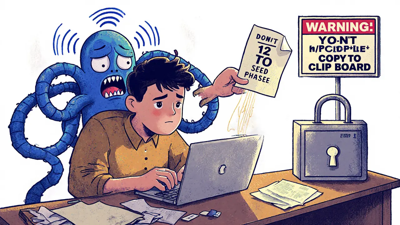 Una persona a una scrivania mentre un malware ruba la frase di recupero su carta.